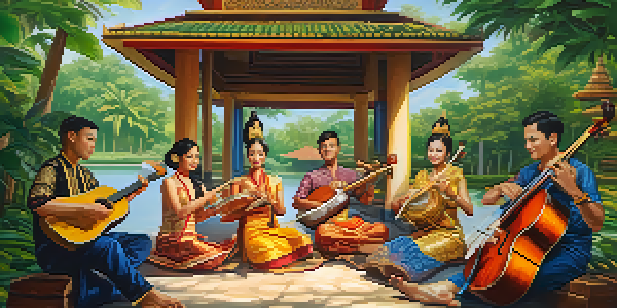 A traditional Thai music ensemble performing in an outdoor setting with musicians playing various instruments surrounded by greenery.