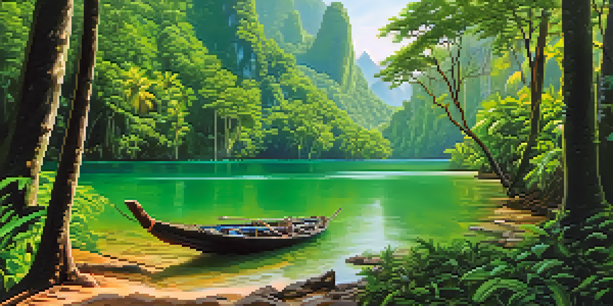 A peaceful rainforest landscape in Khao Sok National Park, with sunlight streaming through the trees and a local guide showing wildlife to tourists.