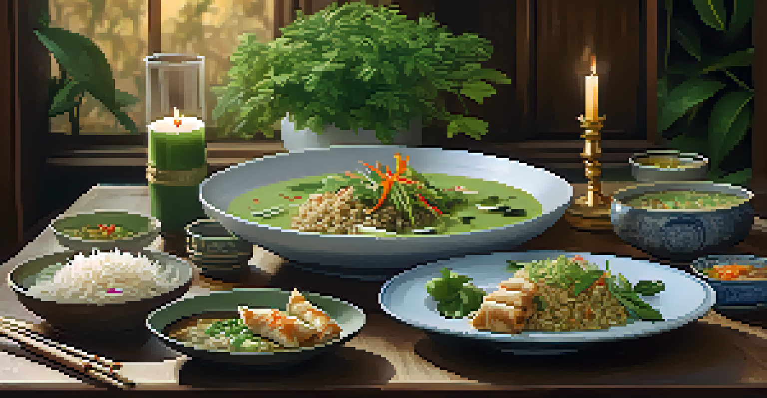A family-style Thai meal set on a wooden table with various shared dishes and candlelight.