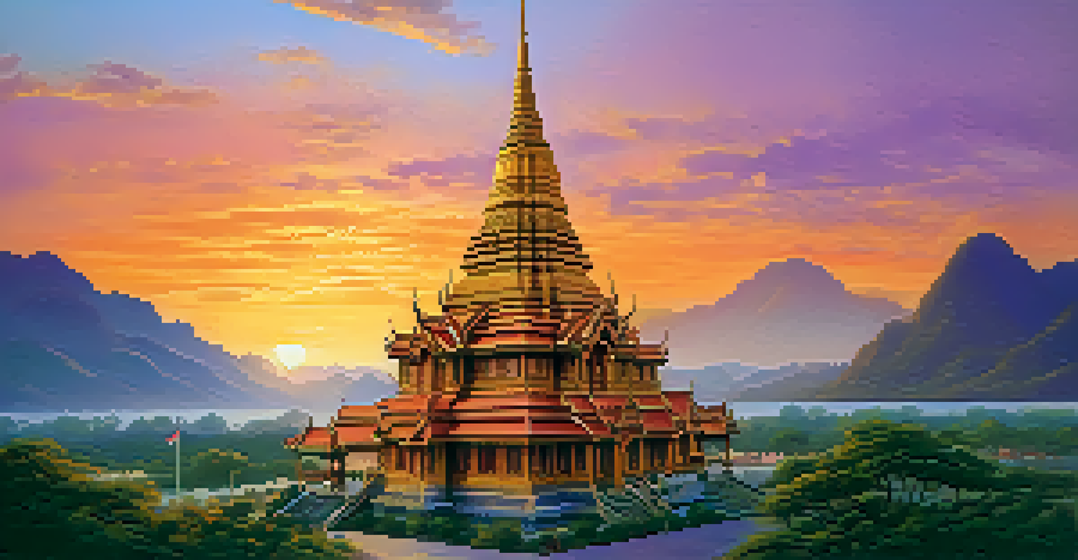A sunset view from a Thai temple showcasing intricate architecture against a colorful sky.