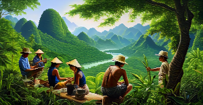 A local Thai community actively participating in wildlife conservation, with green landscapes and community members using traditional tools.