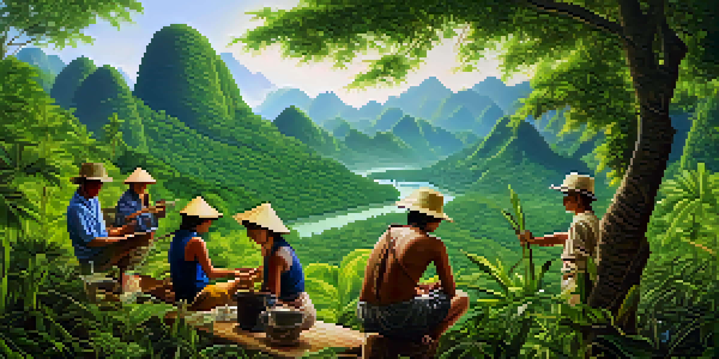 A local Thai community actively participating in wildlife conservation, with green landscapes and community members using traditional tools.