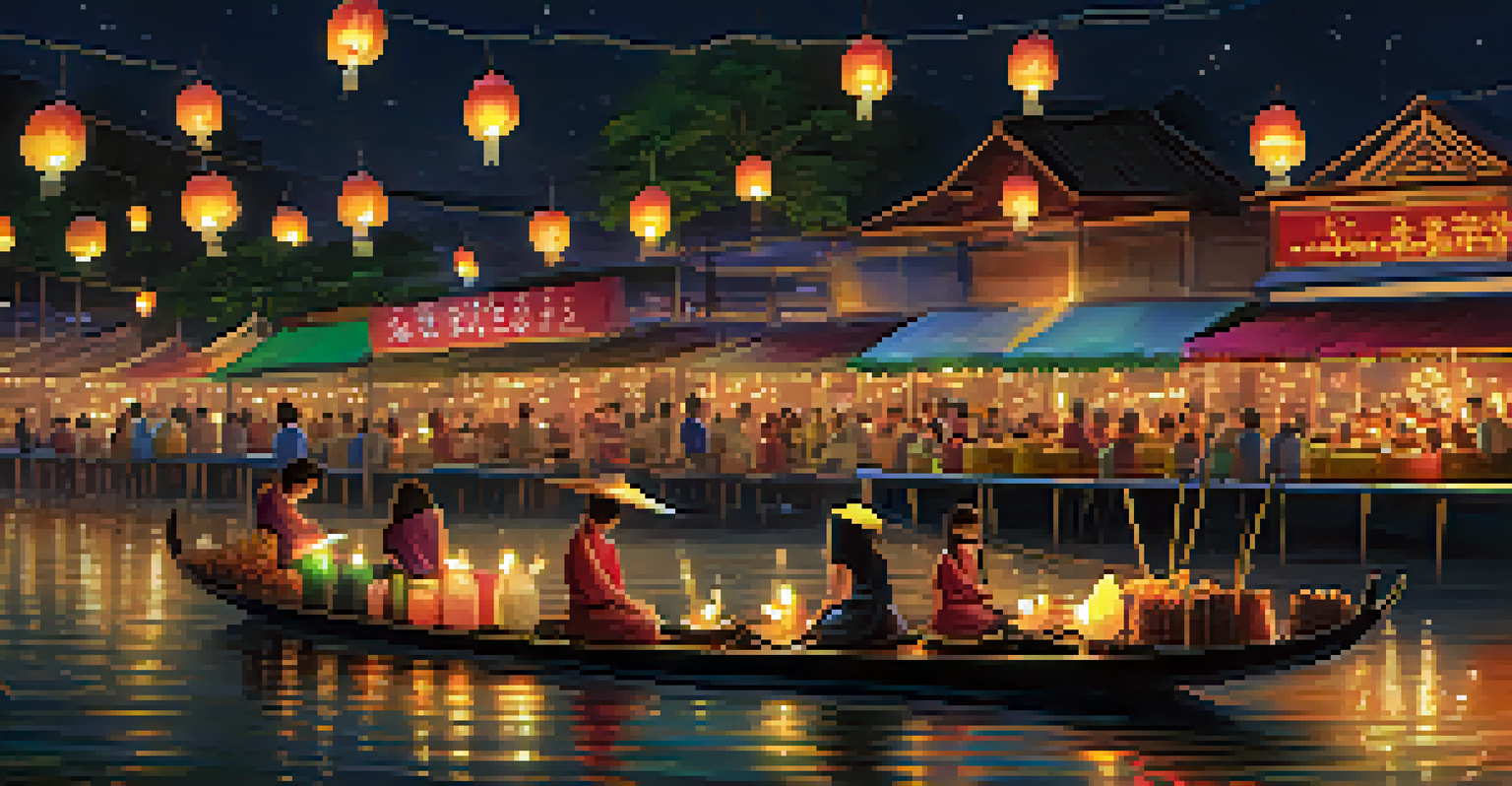 A peaceful Loy Krathong festival scene with floating krathongs and street food stalls under a starry night sky.