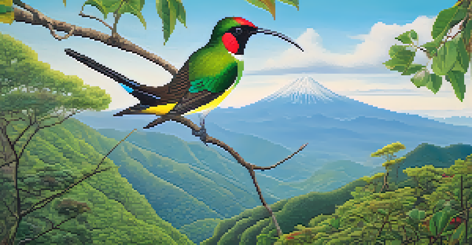 A bird's eye view of Doi Inthanon National Park with a green-tailed sunbird and mountainous landscape.