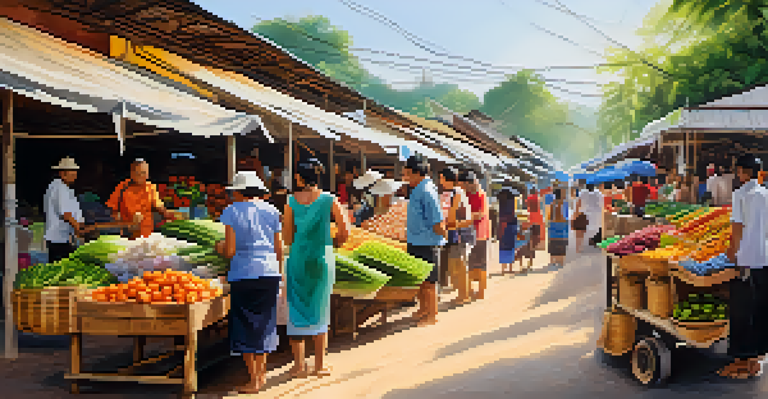 A vibrant community market in southern Thailand filled with colorful stalls showcasing handmade crafts and fresh produce, with locals and tourists interacting.