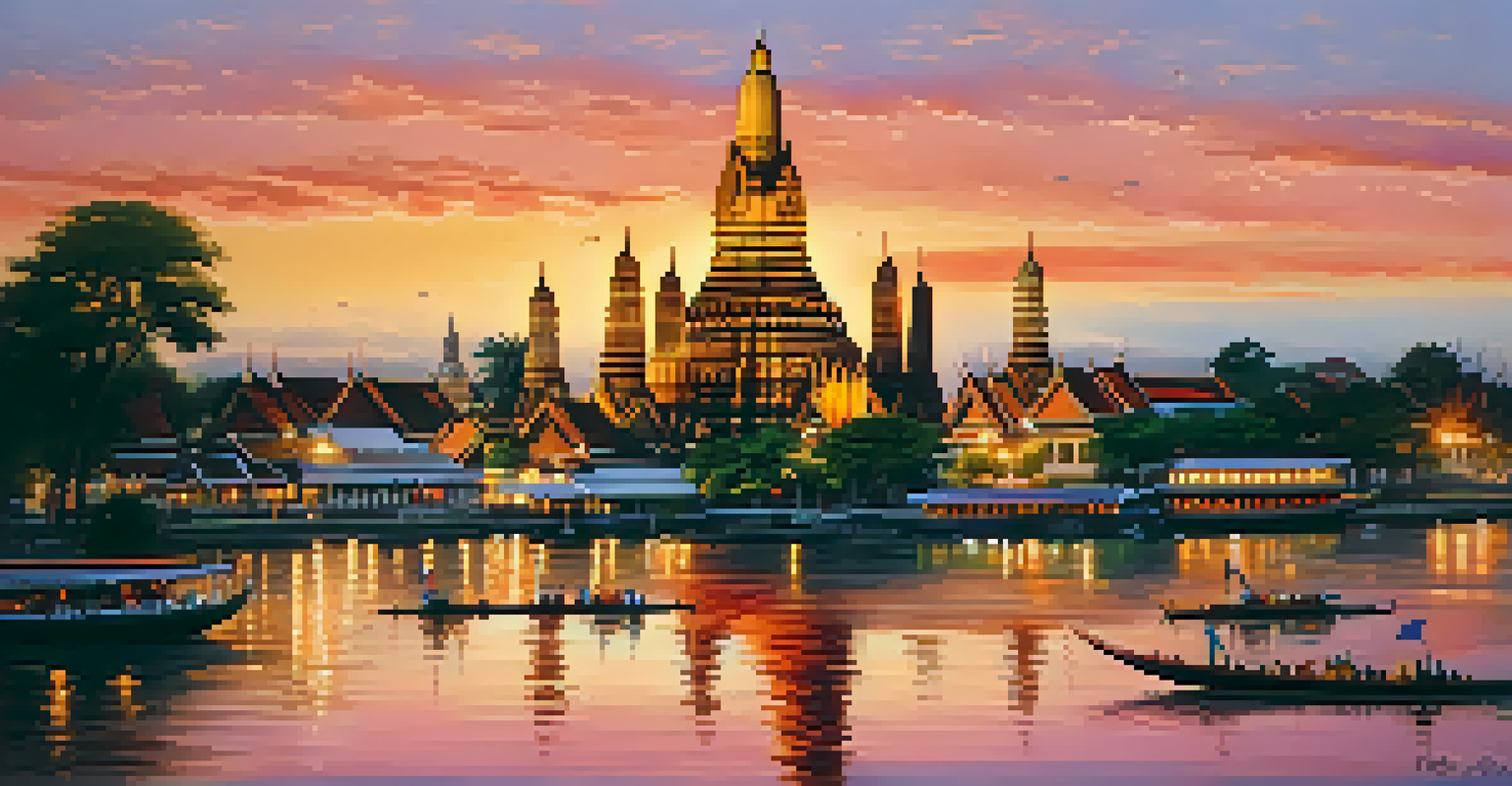 Wat Arun at sunset, featuring colorful porcelain and a riverside view with boats and a vibrant sky.