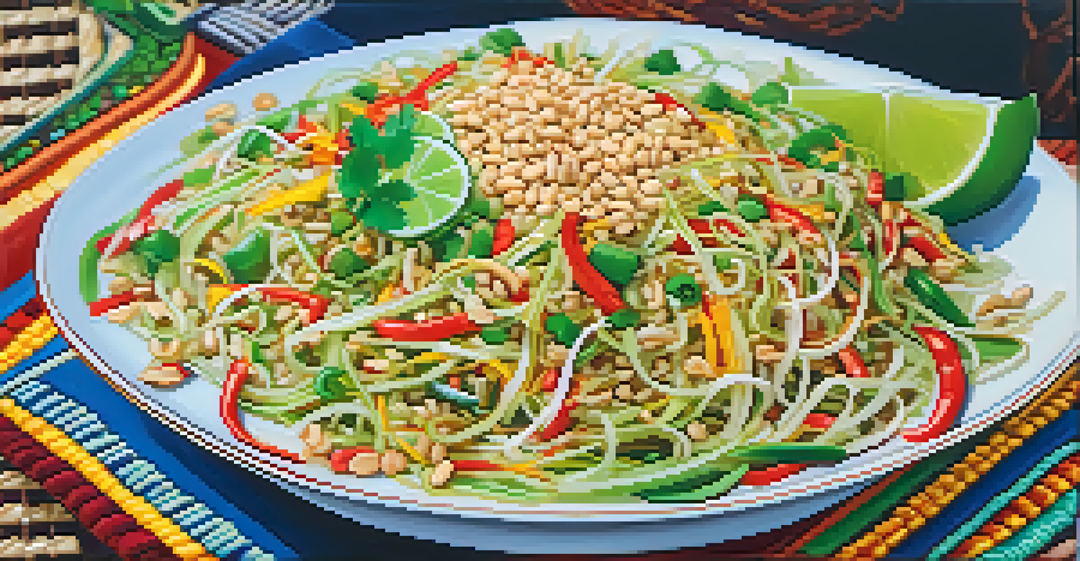 A close-up of som tam, a spicy papaya salad with peanuts and lime on a woven mat.