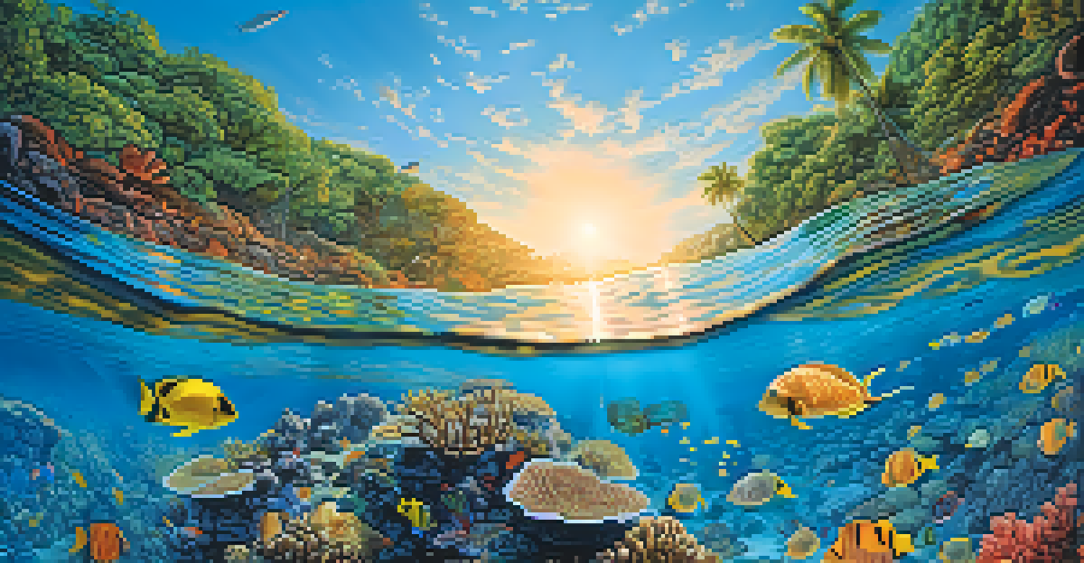 Snorkelers exploring a colorful coral reef in Thailand, with various tropical fish and a sea turtle, all illuminated by sunlight filtering through clear water.