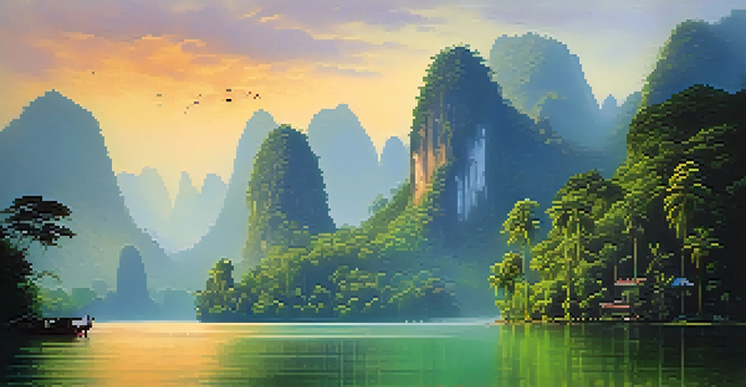 A tranquil view of a rainforest with limestone cliffs and a lake at dawn, mist rising and birds flying.