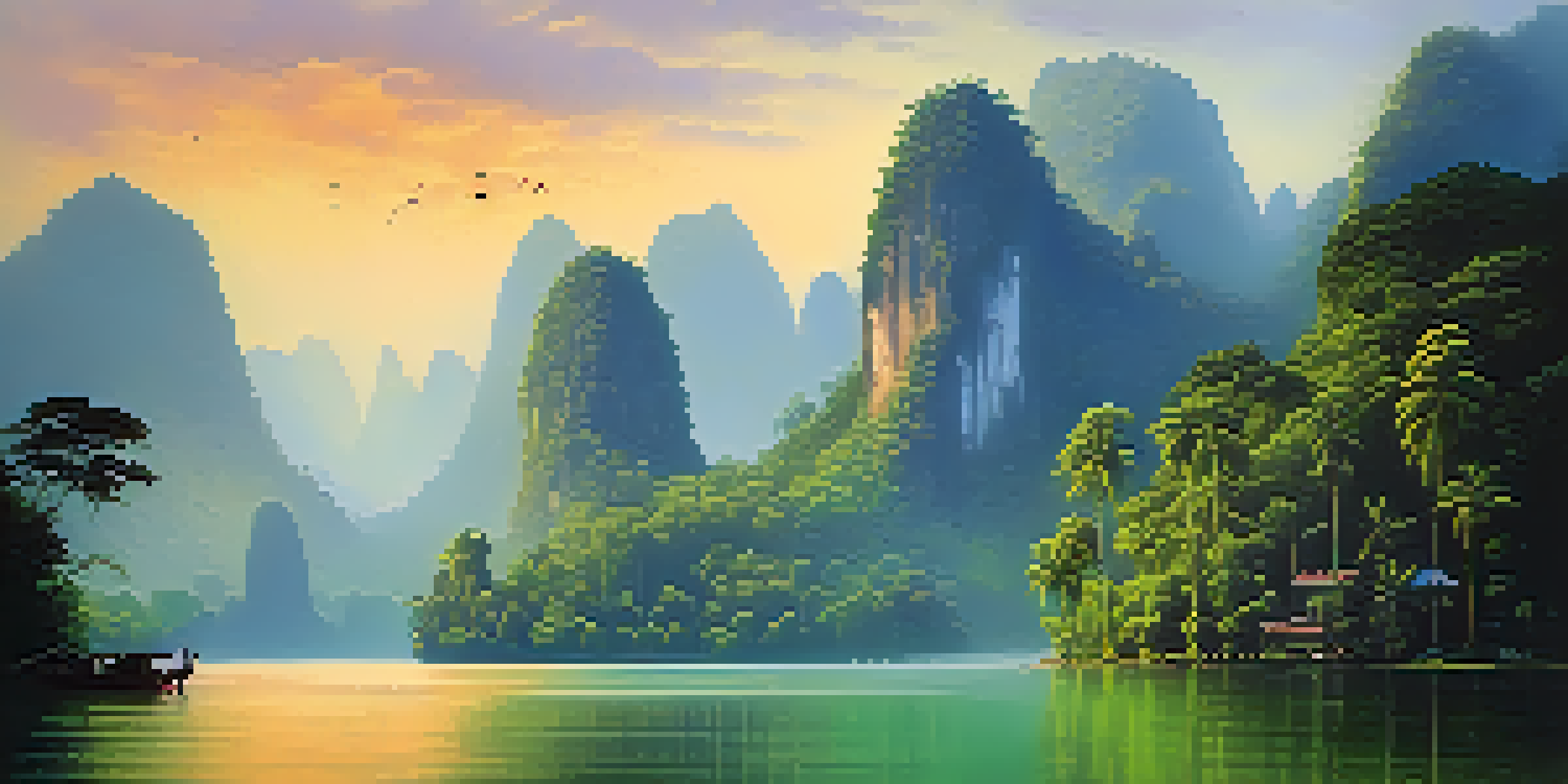 A tranquil view of a rainforest with limestone cliffs and a lake at dawn, mist rising and birds flying.