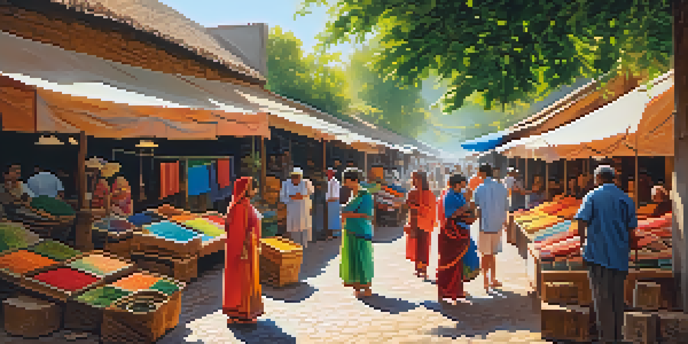 A lively market in a village with artisans selling colorful handmade crafts and visitors engaging with the locals.