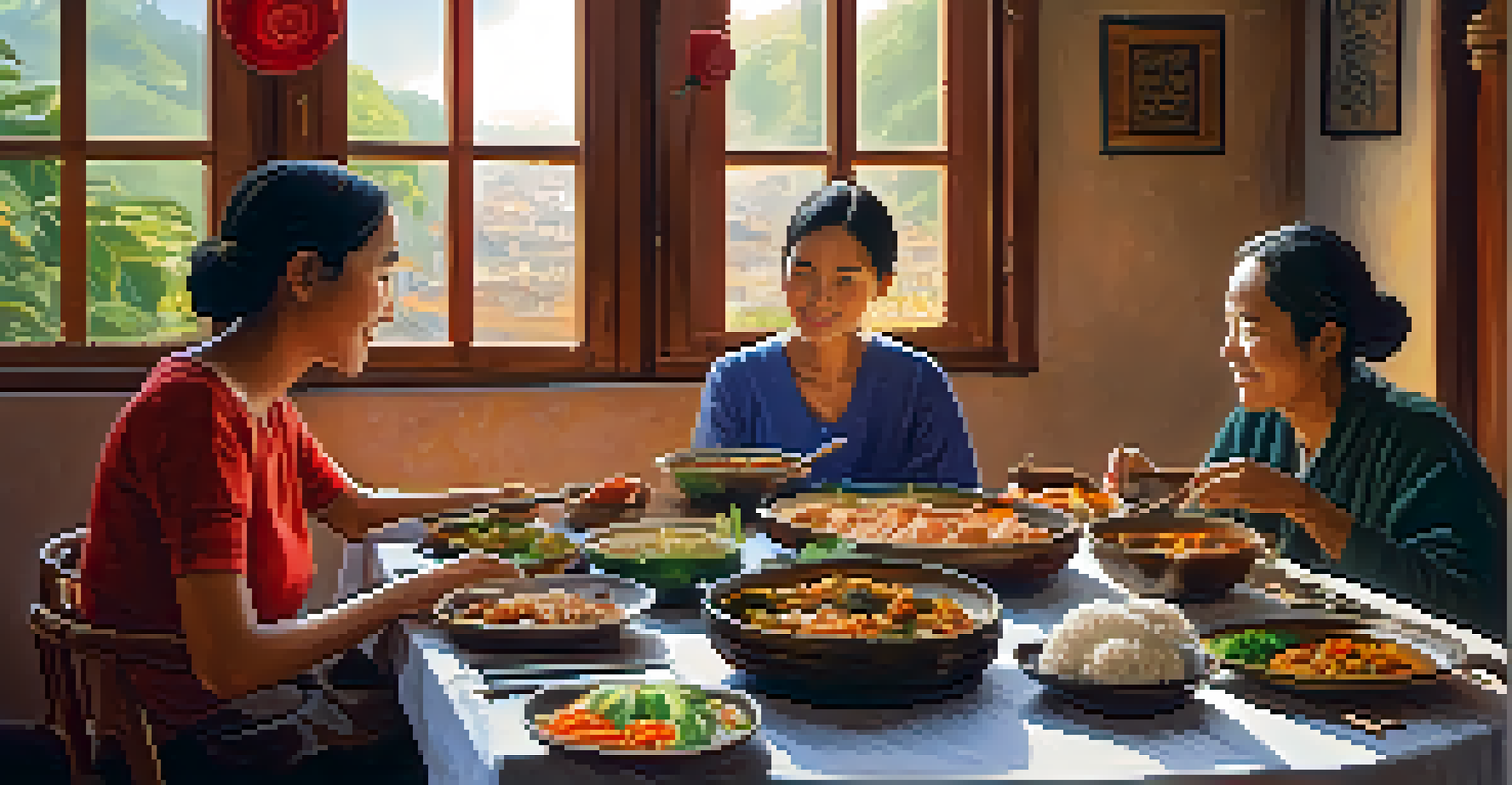 A traveler sharing a meal with a local family in a warmly decorated homestay, surrounded by cultural artifacts.