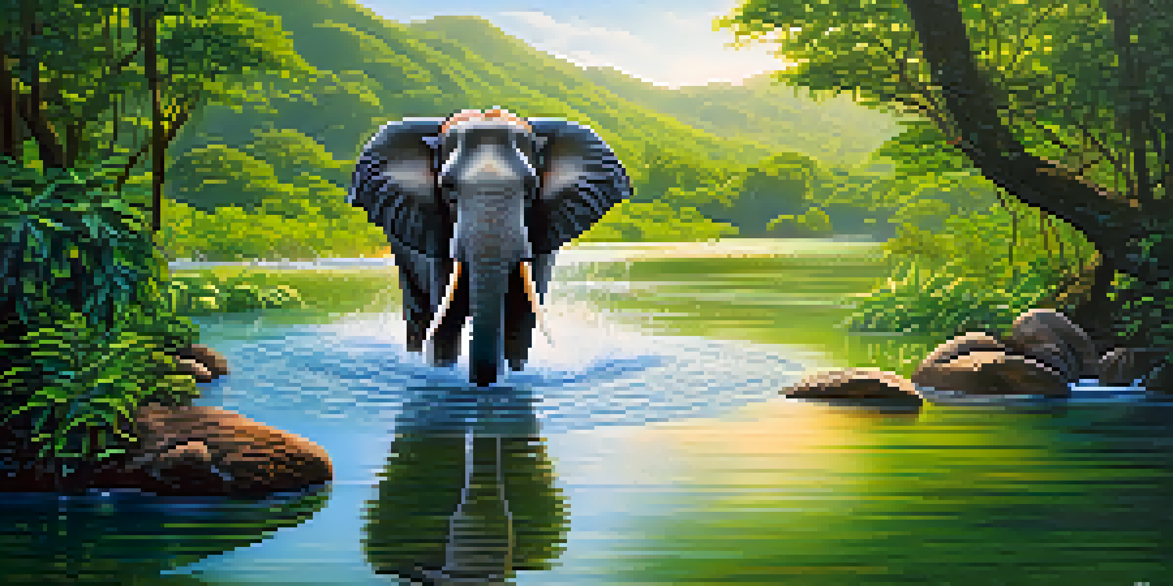 A gentle elephant bathing in a river surrounded by lush greenery and tropical plants, with sunlight filtering through the trees.