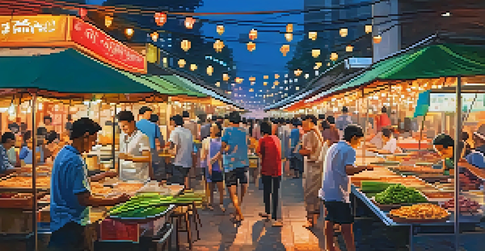 A bustling street food market in Bangkok with colorful stalls and people enjoying Thai dishes at sunset.