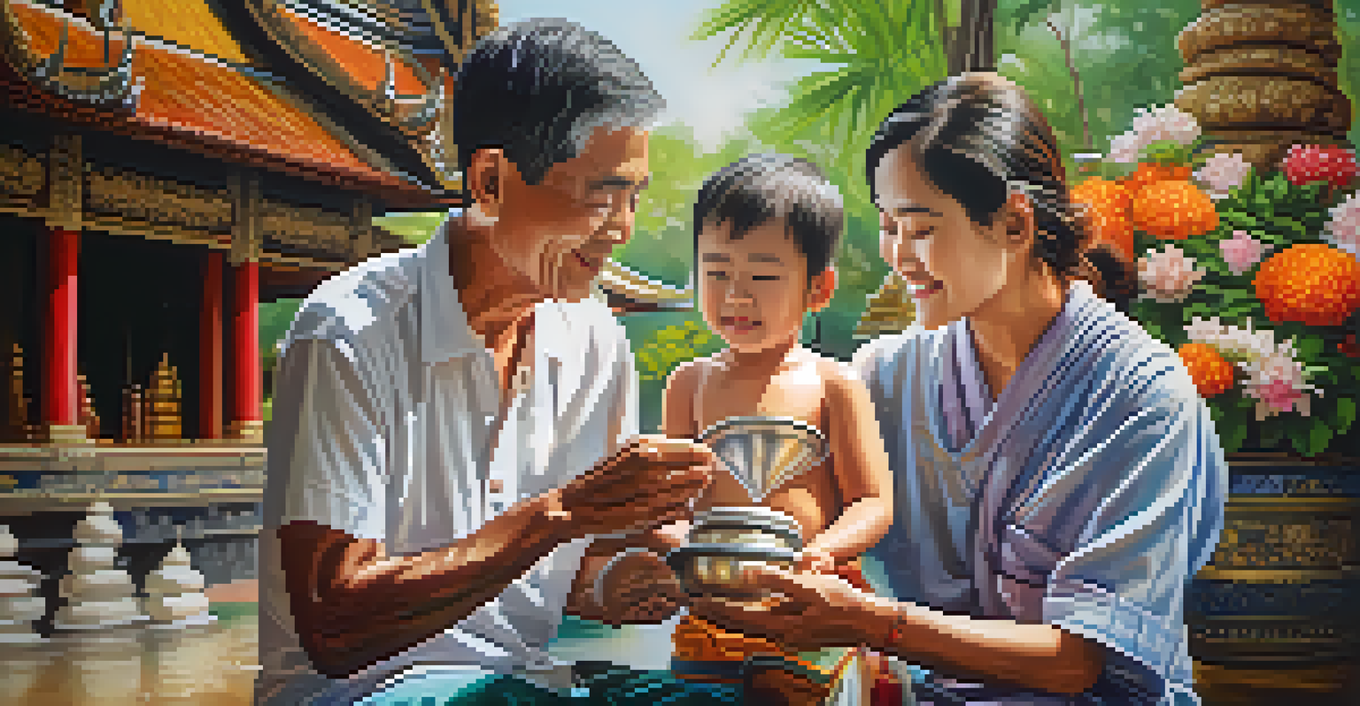 A young person pouring water over the hands of an elder in a temple during the Songkran Festival, showcasing respect and tradition.