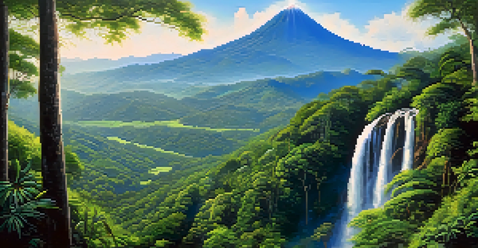 A stunning landscape of Doi Inthanon with a waterfall, lush greenery, and a clear blue sky.