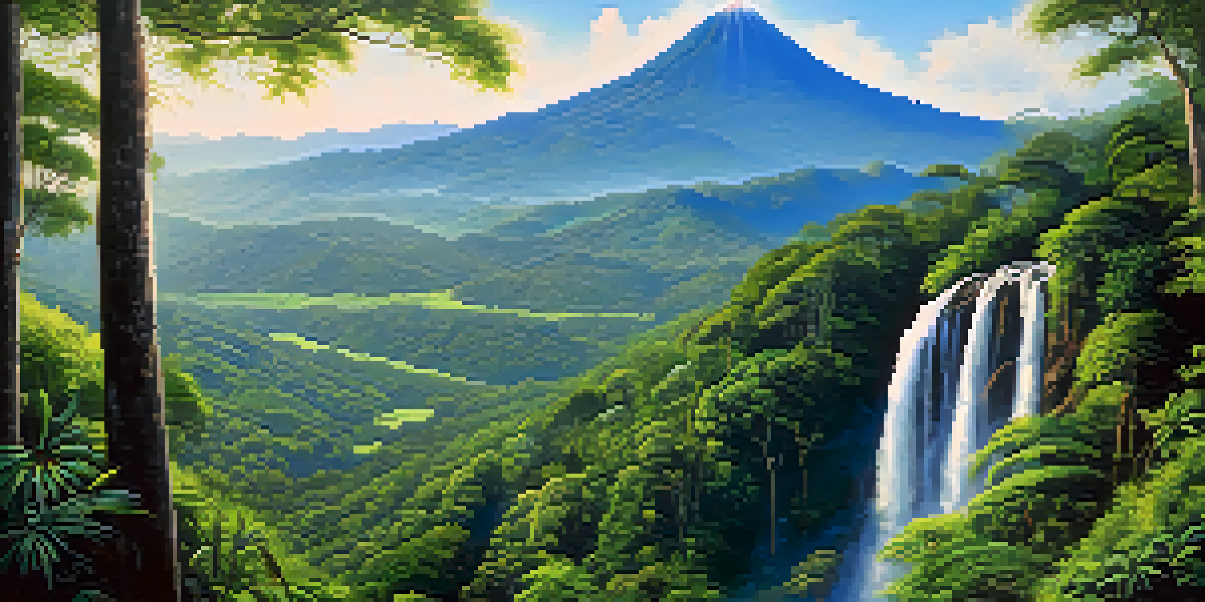 A stunning landscape of Doi Inthanon with a waterfall, lush greenery, and a clear blue sky.