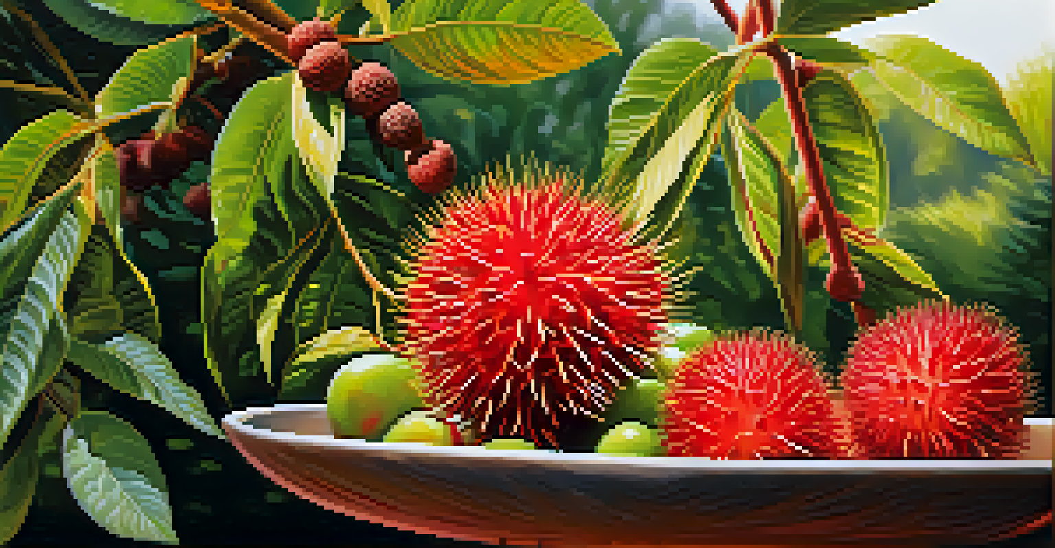 A close-up of a rambutan fruit being picked from its tree, highlighting its hairy red exterior against a blurred orchard background.