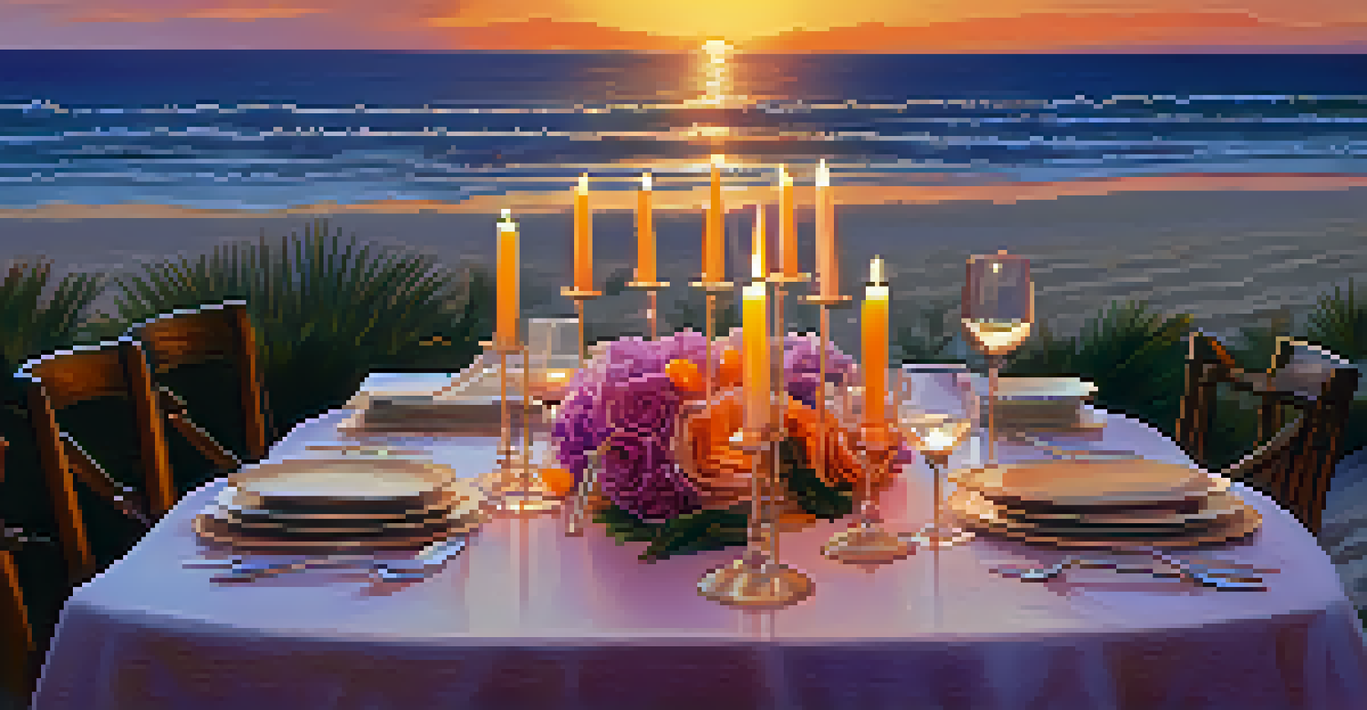 An outdoor dining setup on a beach at sunset with gourmet dishes, candles, and a colorful sky.