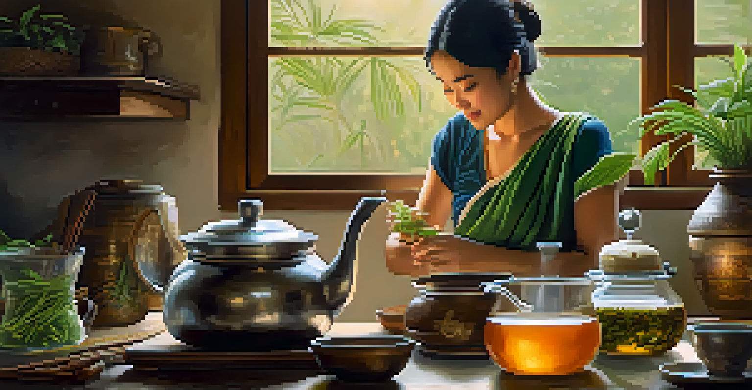 A woman preparing traditional Thai herbal tea in a cozy kitchen, surrounded by fresh herbs and a classic teapot.