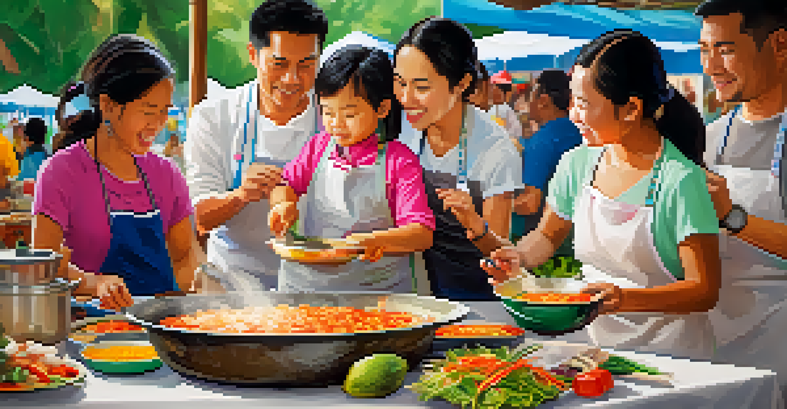 A family learning to cook traditional Thai dishes during a cooking demonstration at an art fair in Phuket.