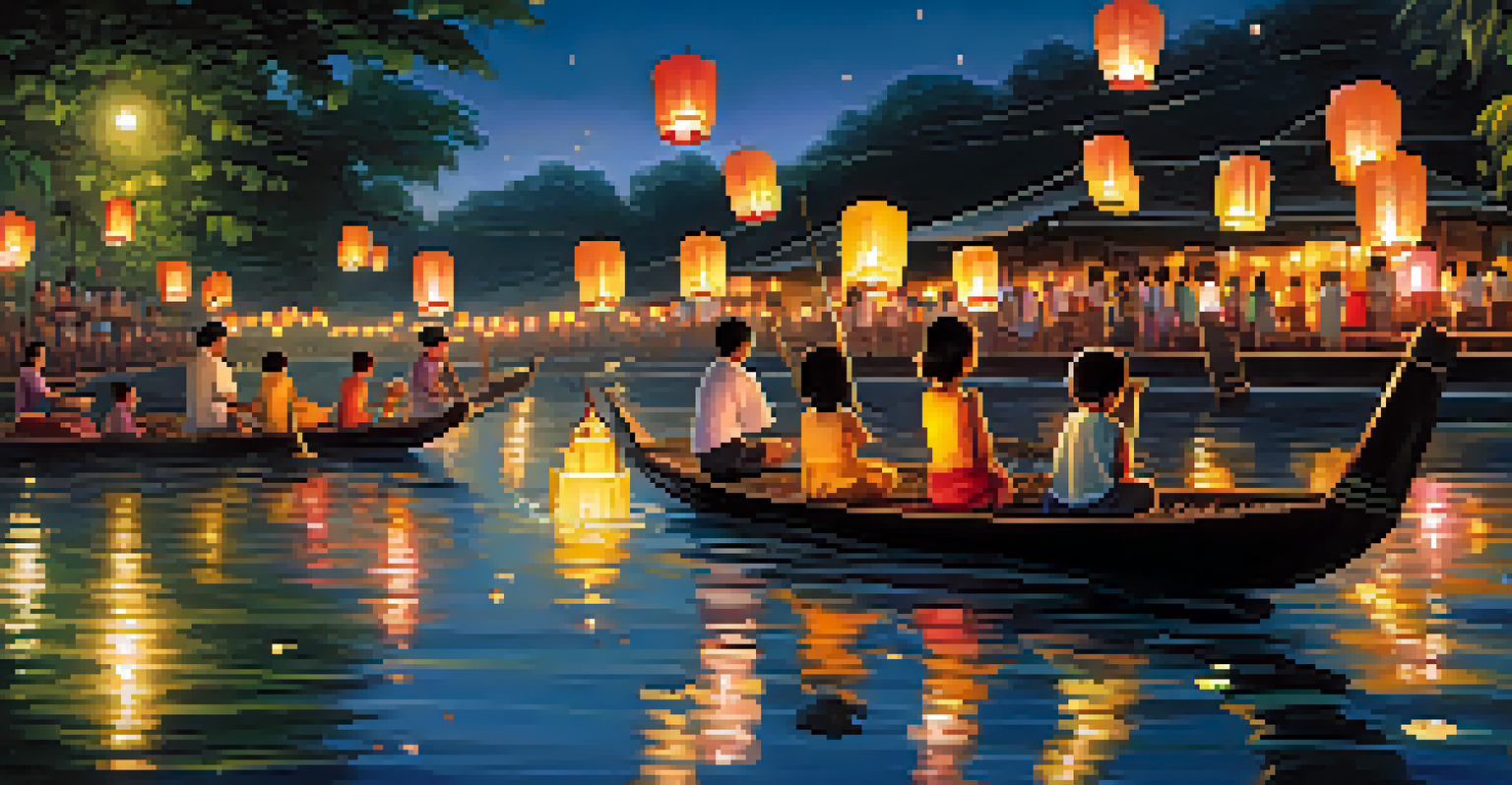Families releasing floating lanterns into a river during the Loy Krathong festival, surrounded by lush greenery and a peaceful evening atmosphere.