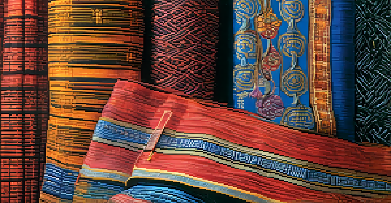 A detailed close-up of traditional Thai textile, showcasing vibrant colors and intricate handwoven patterns, with weaving tools in the background.