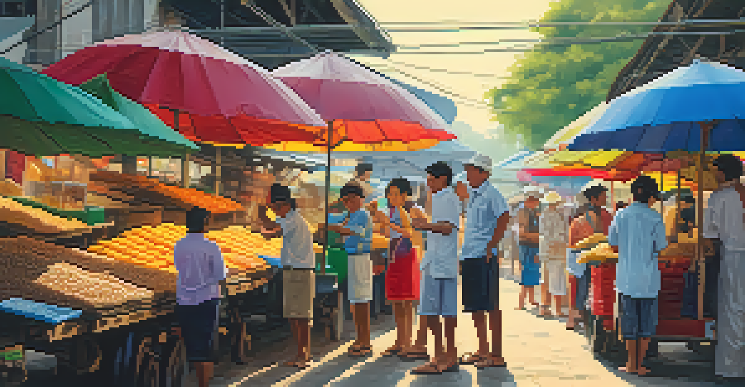 A vibrant local market next to a train station in Thailand, with vendors selling traditional snacks and people interacting.