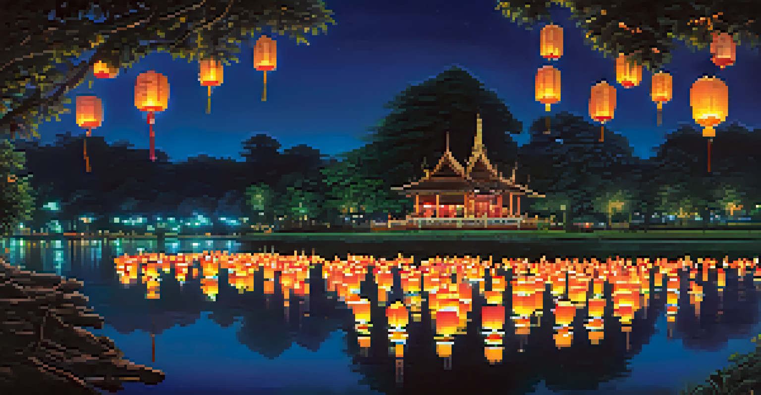 A tranquil Loy Krathong festival scene with glowing lanterns floating on a river at night.