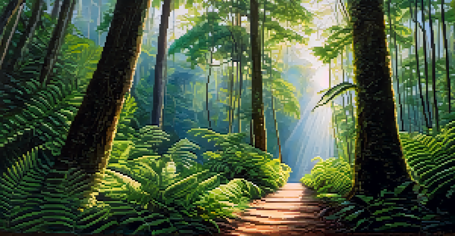 A peaceful hiking trail surrounded by lush trees and ferns in Khao Sok National Park.