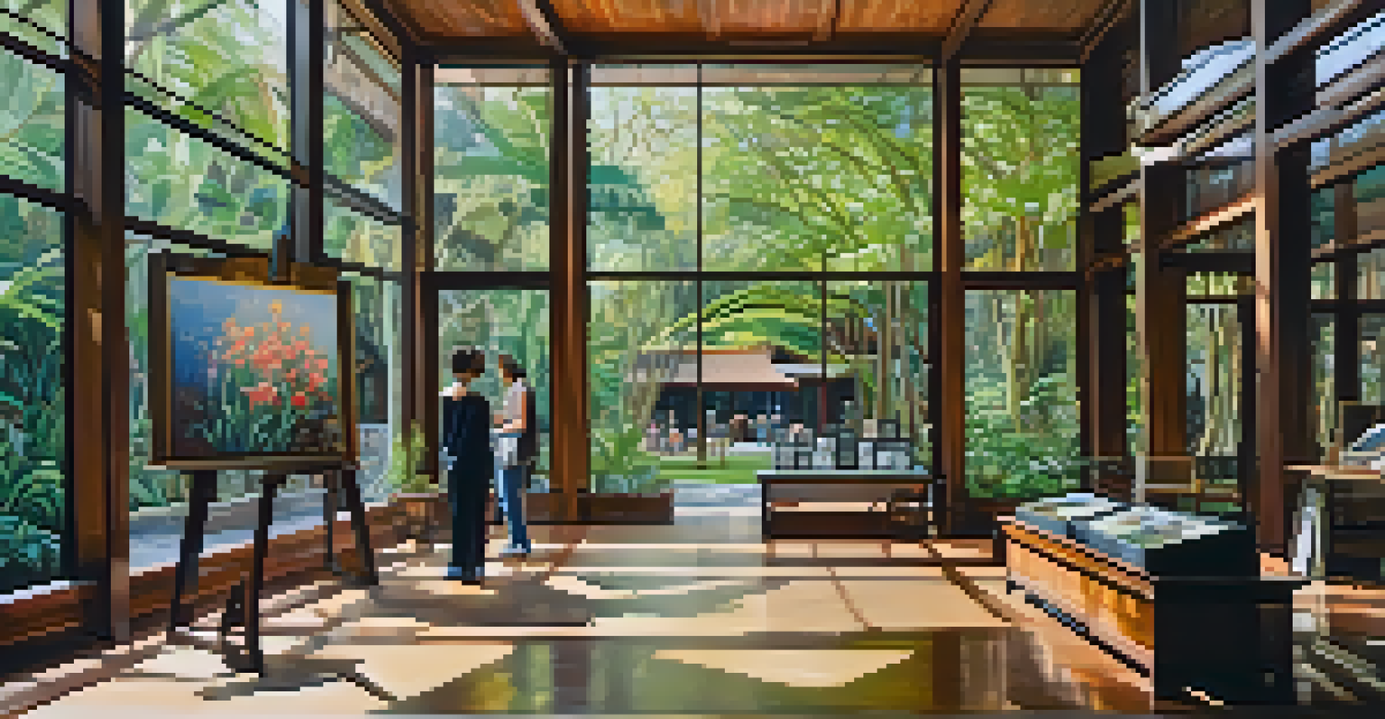 Interior view of the Jim Thompson Art Center showcasing contemporary art, with visitors admiring the pieces and natural light illuminating the gallery.