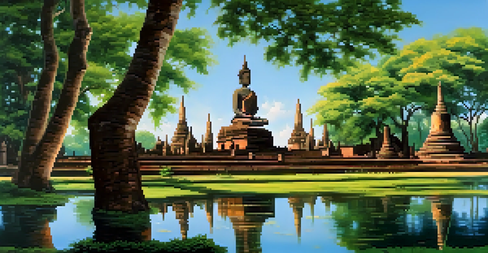 A peaceful scene of the ancient Wat Mahathat temple in Sukhothai, surrounded by greenery and lotus ponds, with sunlight illuminating the Buddha statues.