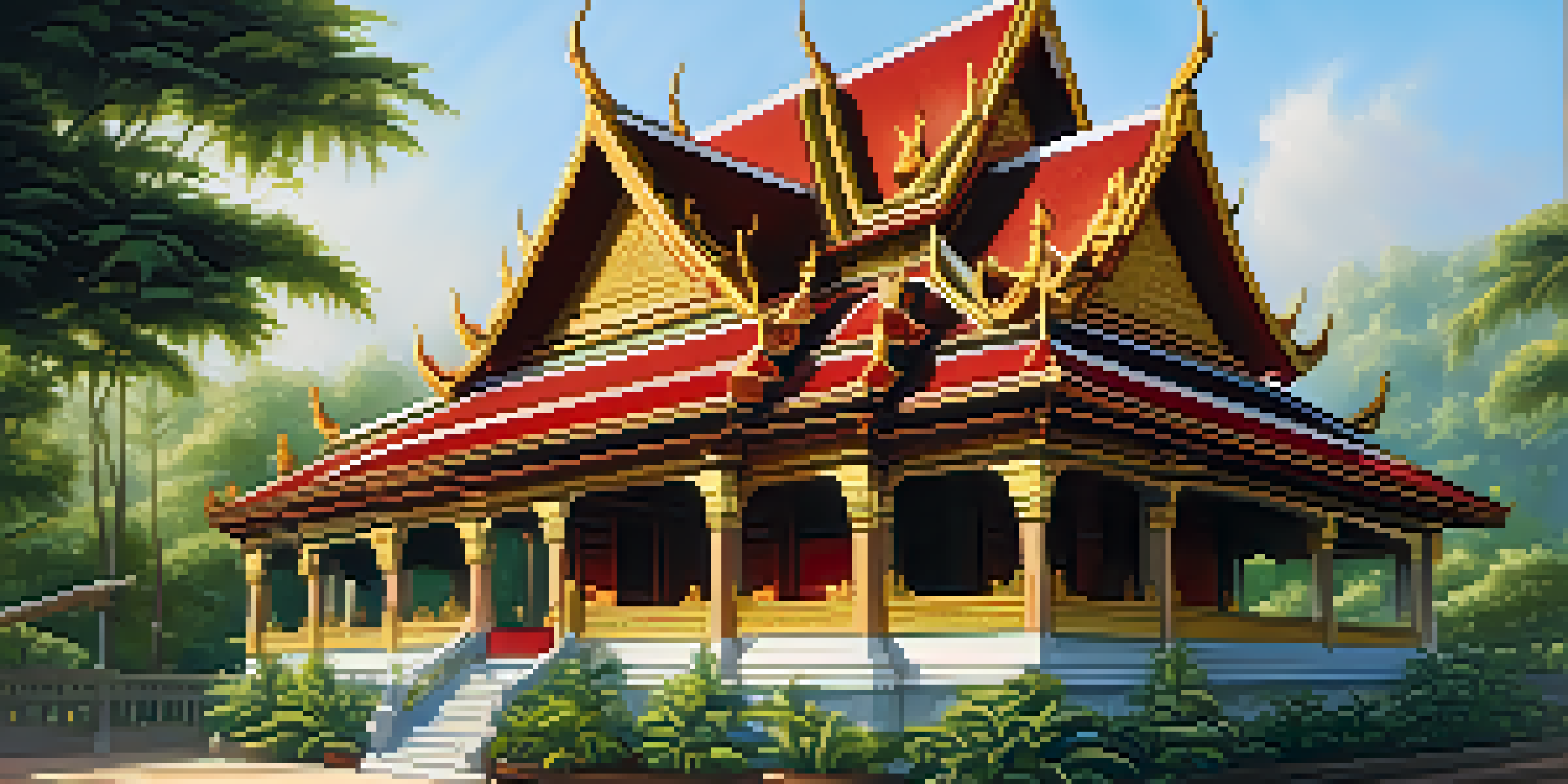 A traditional Thai building with a colorful tiered roof surrounded by green trees, illuminated by sunlight.