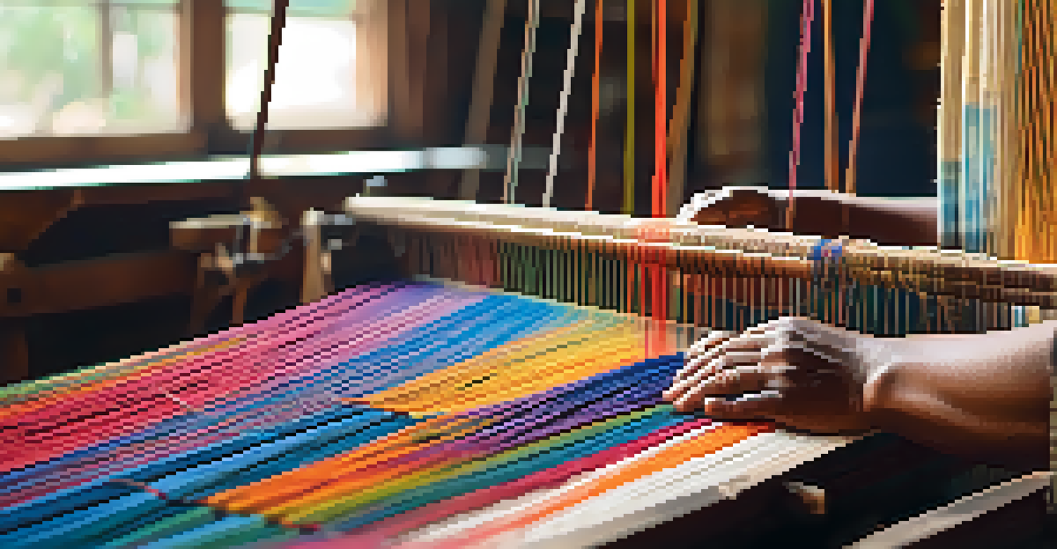 A close-up of an artisan weaving on a loom, showcasing vibrant threads and the detailed craftsmanship of handmade textiles in a well-lit workshop.