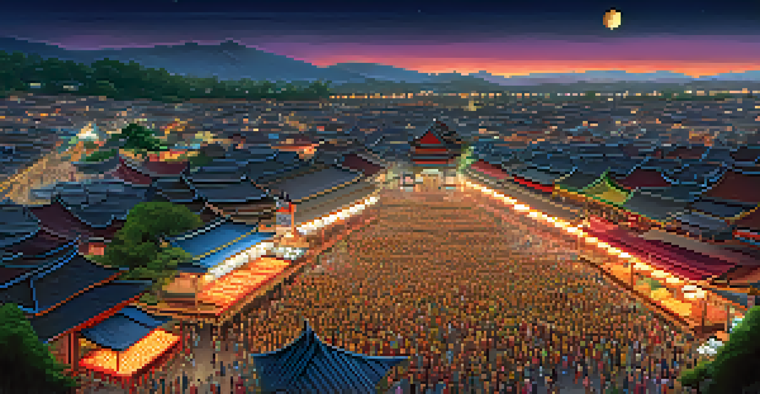 A panoramic view of the Yi Peng Lantern Festival in Chiang Mai, with market stalls and thousands of glowing lanterns in the night sky.
