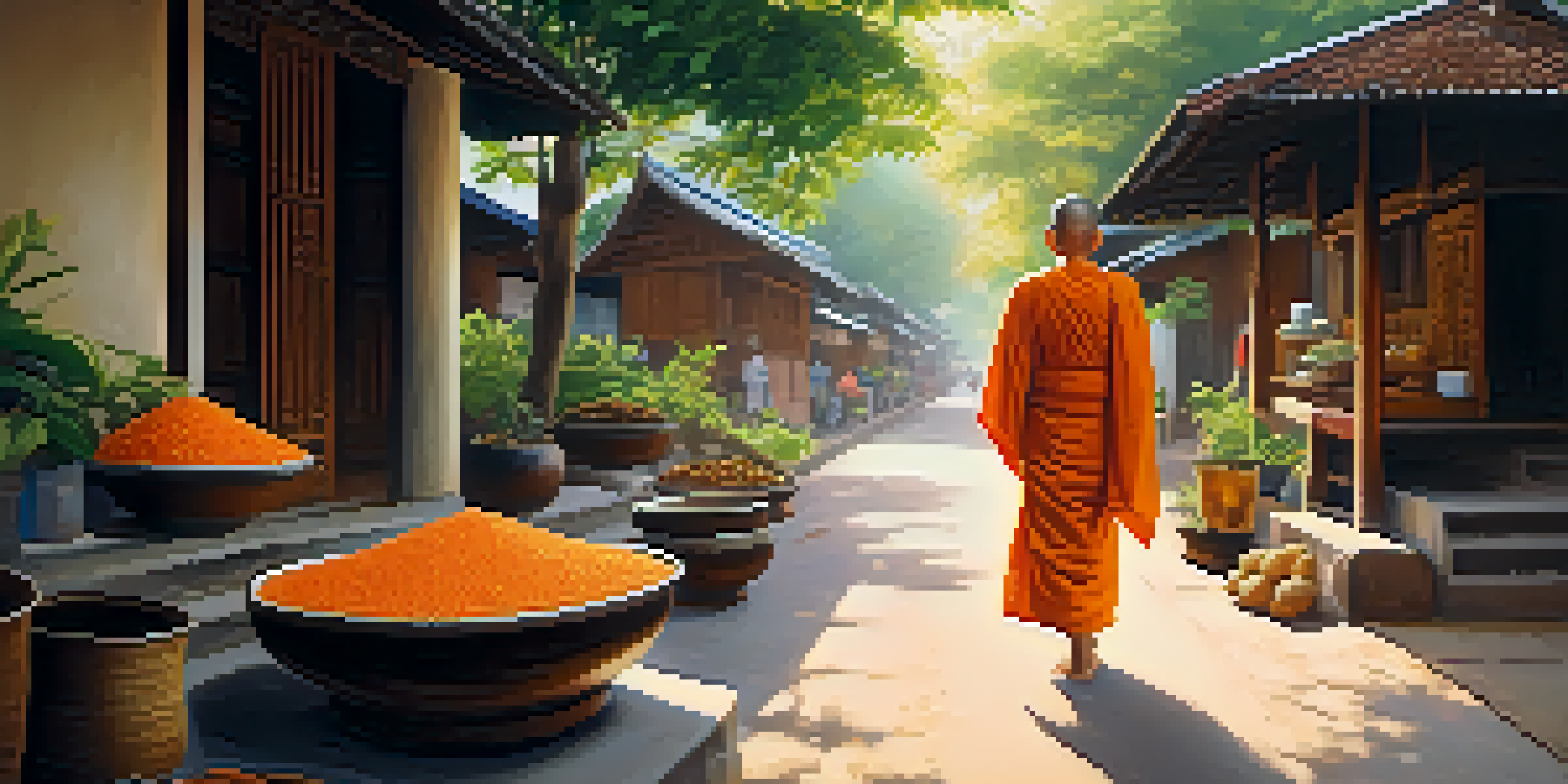 A peaceful morning in Thailand, featuring a monk collecting food offerings from families in a tranquil neighborhood, with sunlight filtering through the trees.