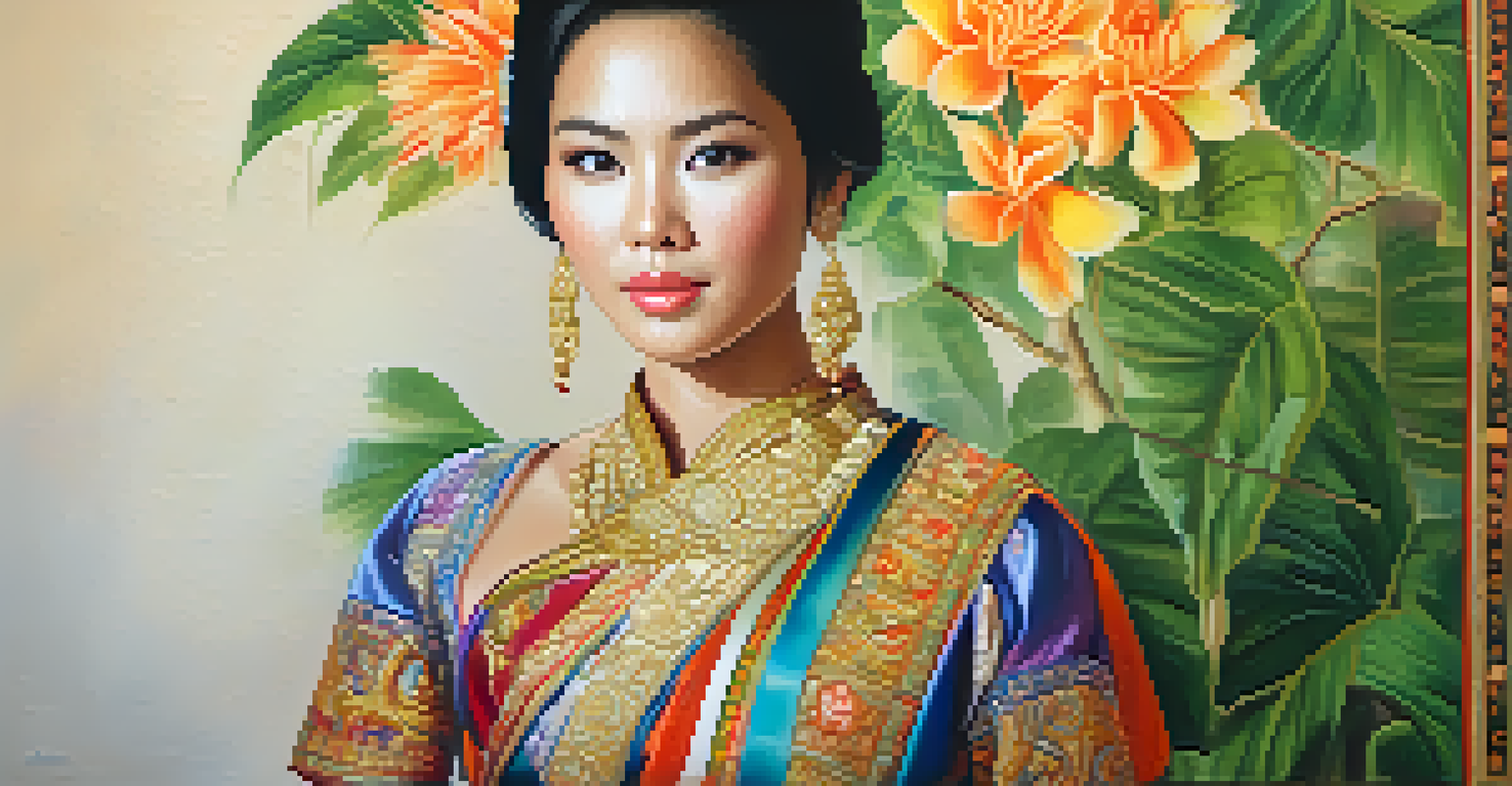 A portrait of a Thai woman in traditional 'chut thai' dress, showcasing intricate patterns and vibrant colors against a lush green background.