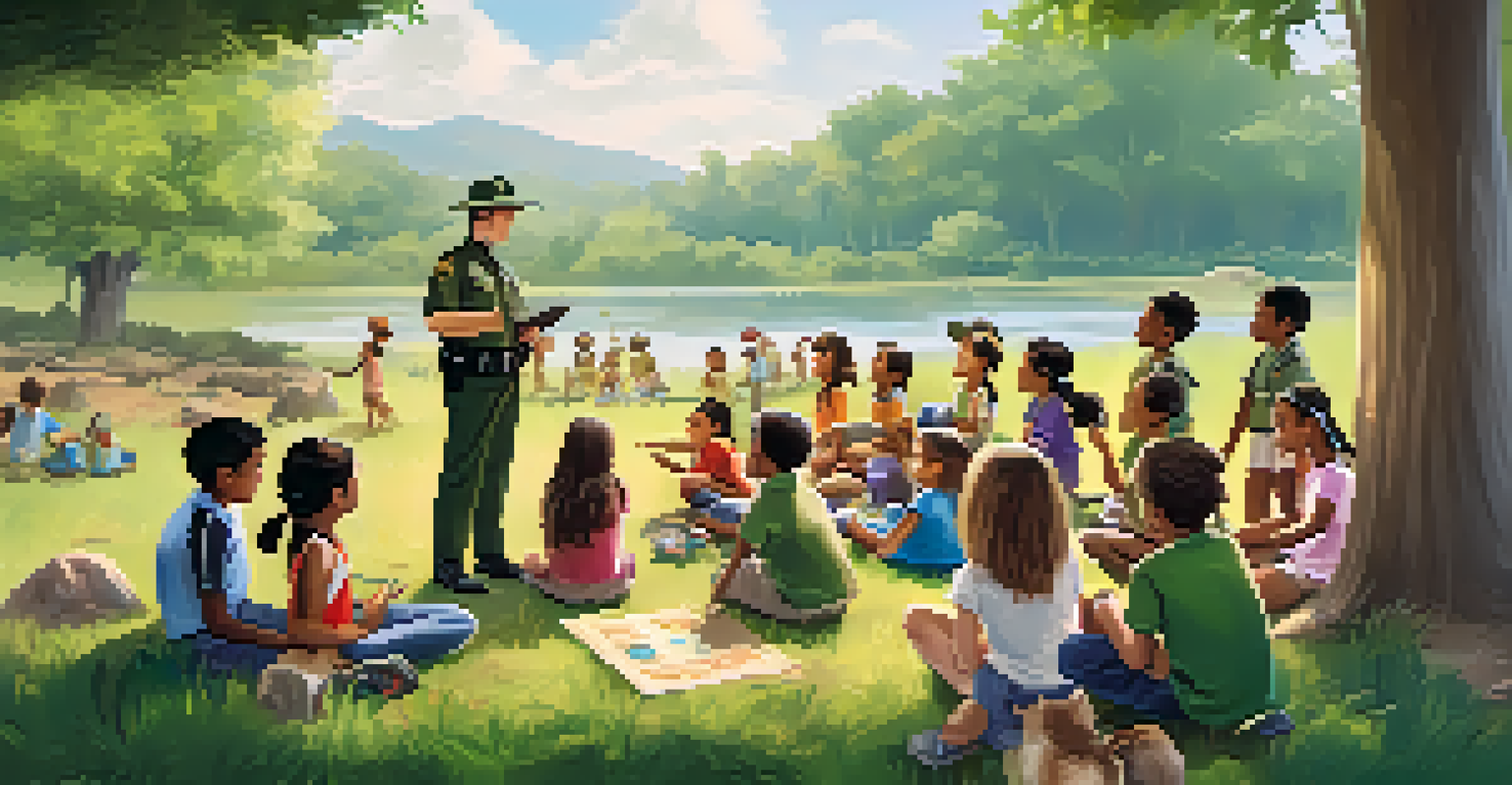 Children attending a wildlife conservation workshop in a national park, listening to a ranger under a large tree, with educational materials around them.