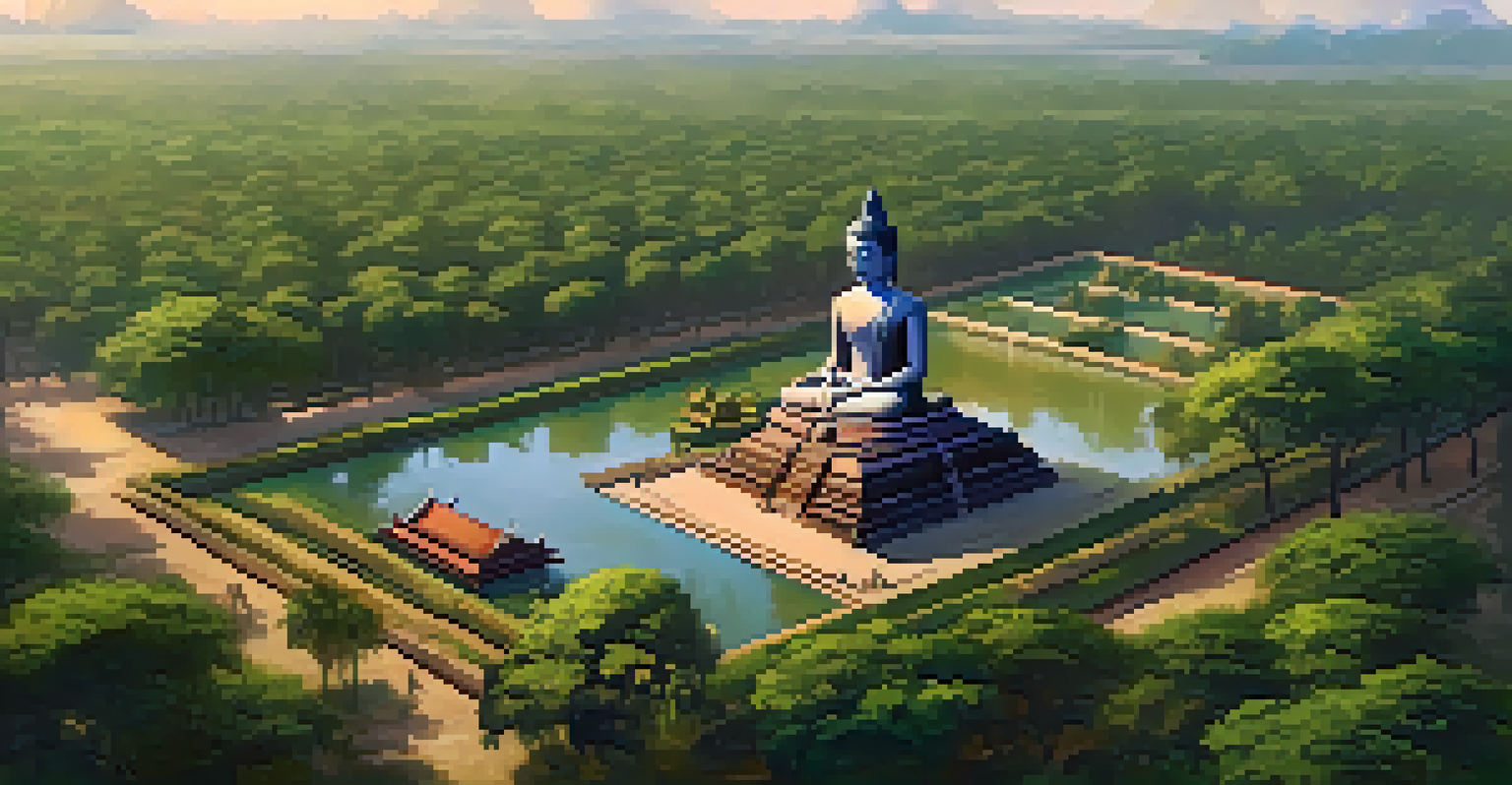 Aerial view of Sukhothai Historical Park featuring the large seated Buddha statue surrounded by greenery and lotus ponds in the early morning light.