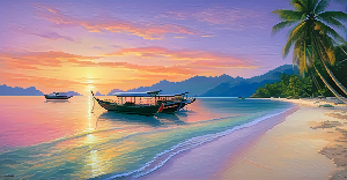 A peaceful sunset over Koh Lipe's beach, featuring palm trees and calm waters.