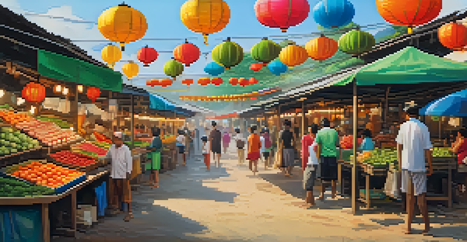 A bustling local market on a Thai island with colorful stalls, vendors, and tourists surrounded by lush greenery.