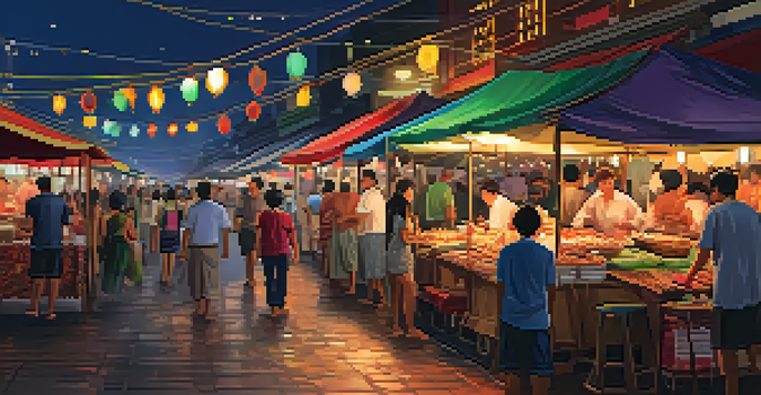 A lively night market in Thailand with colorful food stalls and shoppers, illuminated by warm lights and filled with various local crafts.