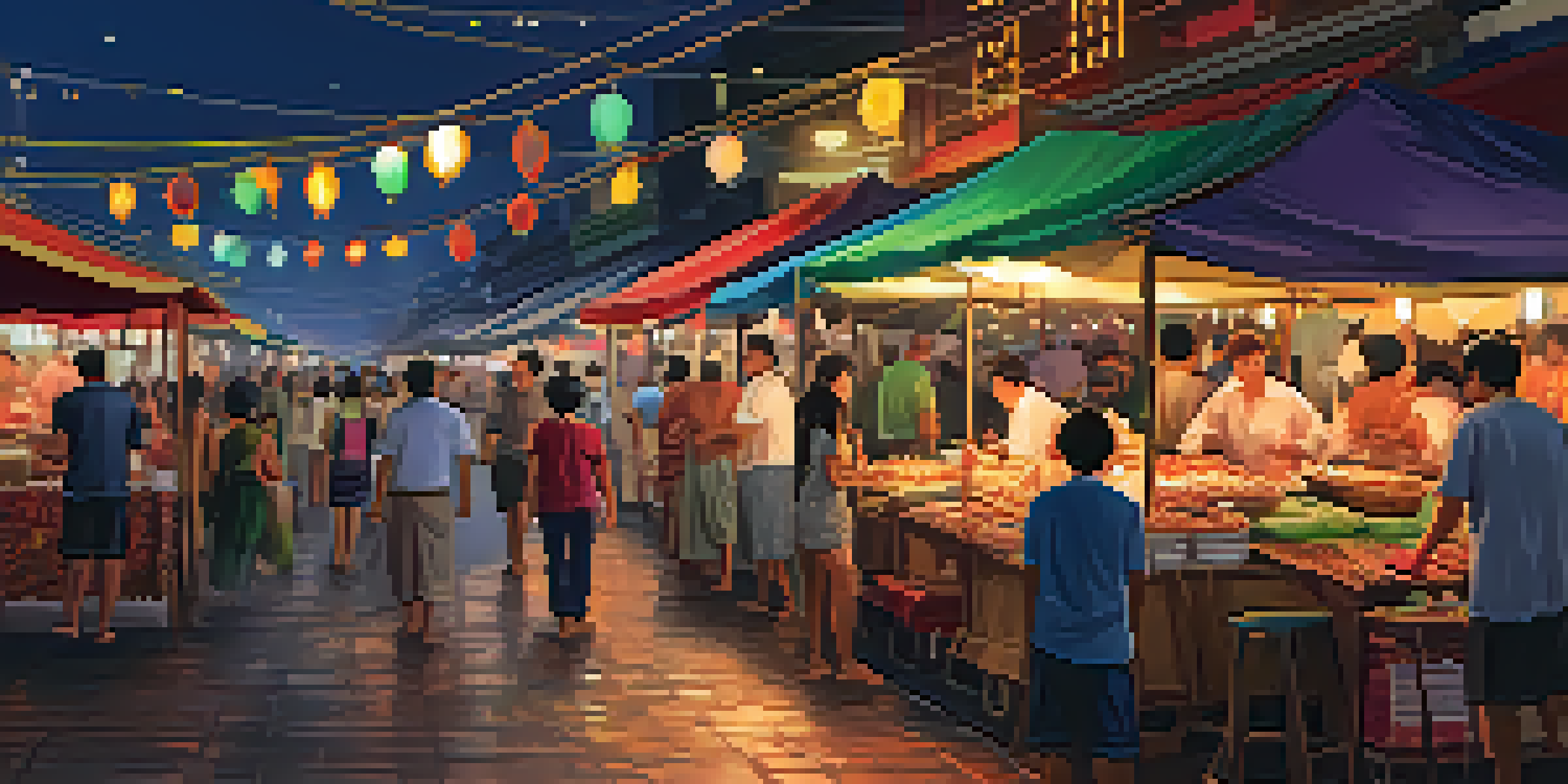A lively night market in Thailand with colorful food stalls and shoppers, illuminated by warm lights and filled with various local crafts.
