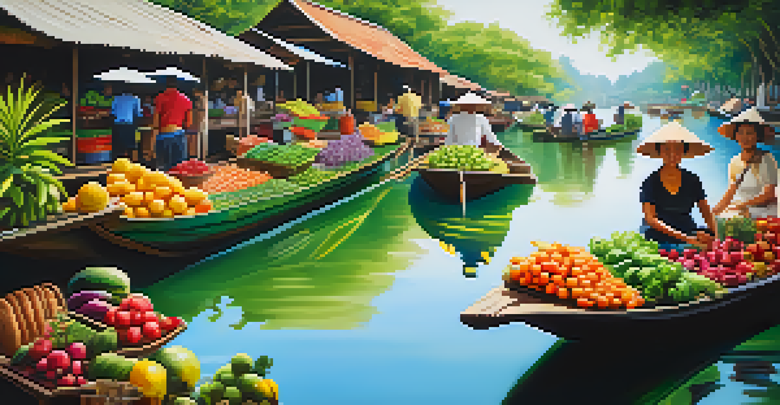 A picturesque floating market in Thailand with vendors on boats selling fruits and crafts, surrounded by nature.