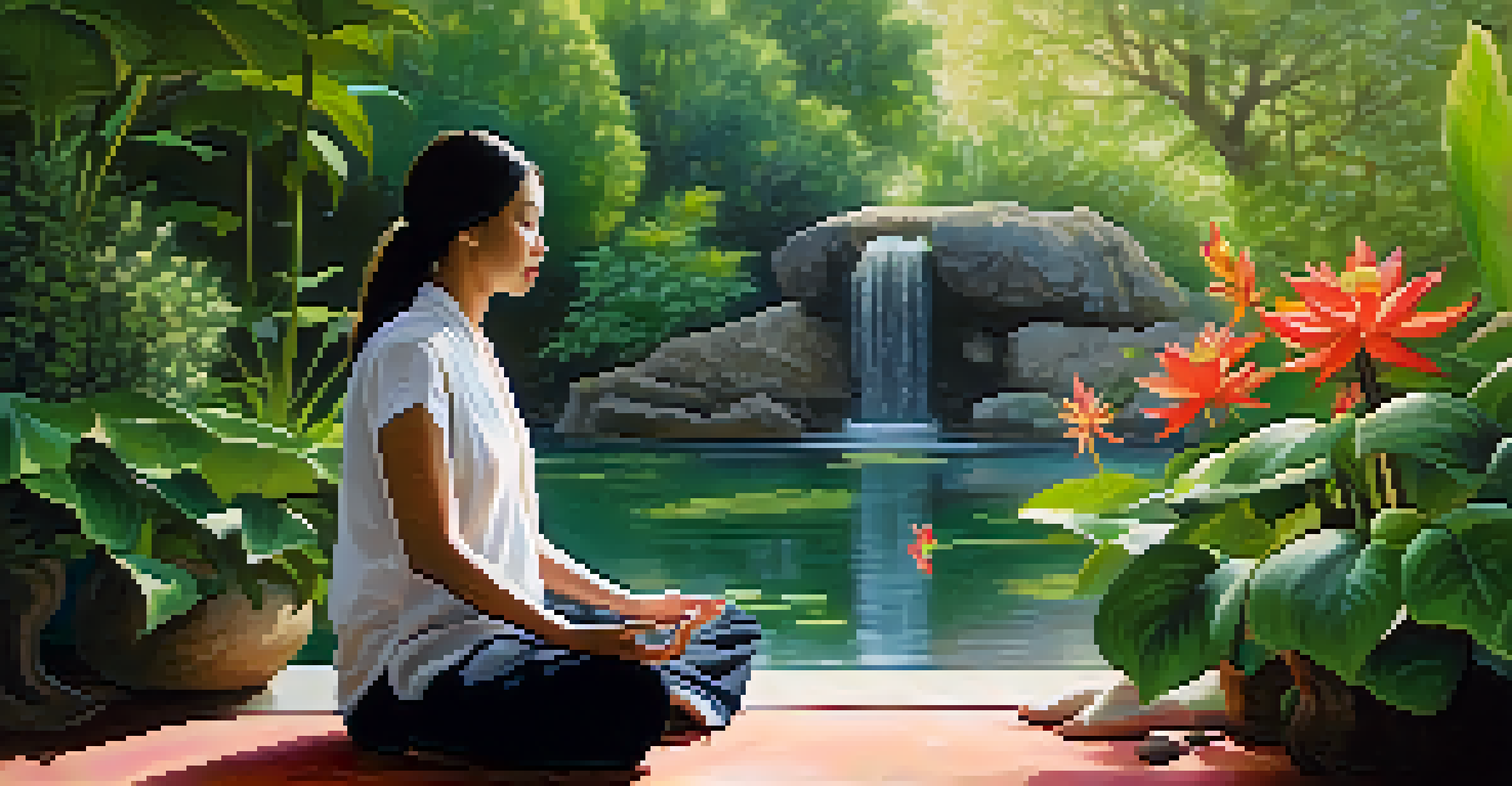 A peaceful outdoor meditation scene in a lush Thai garden, with a person practicing deep breathing surrounded by vibrant flowers and sunlight.