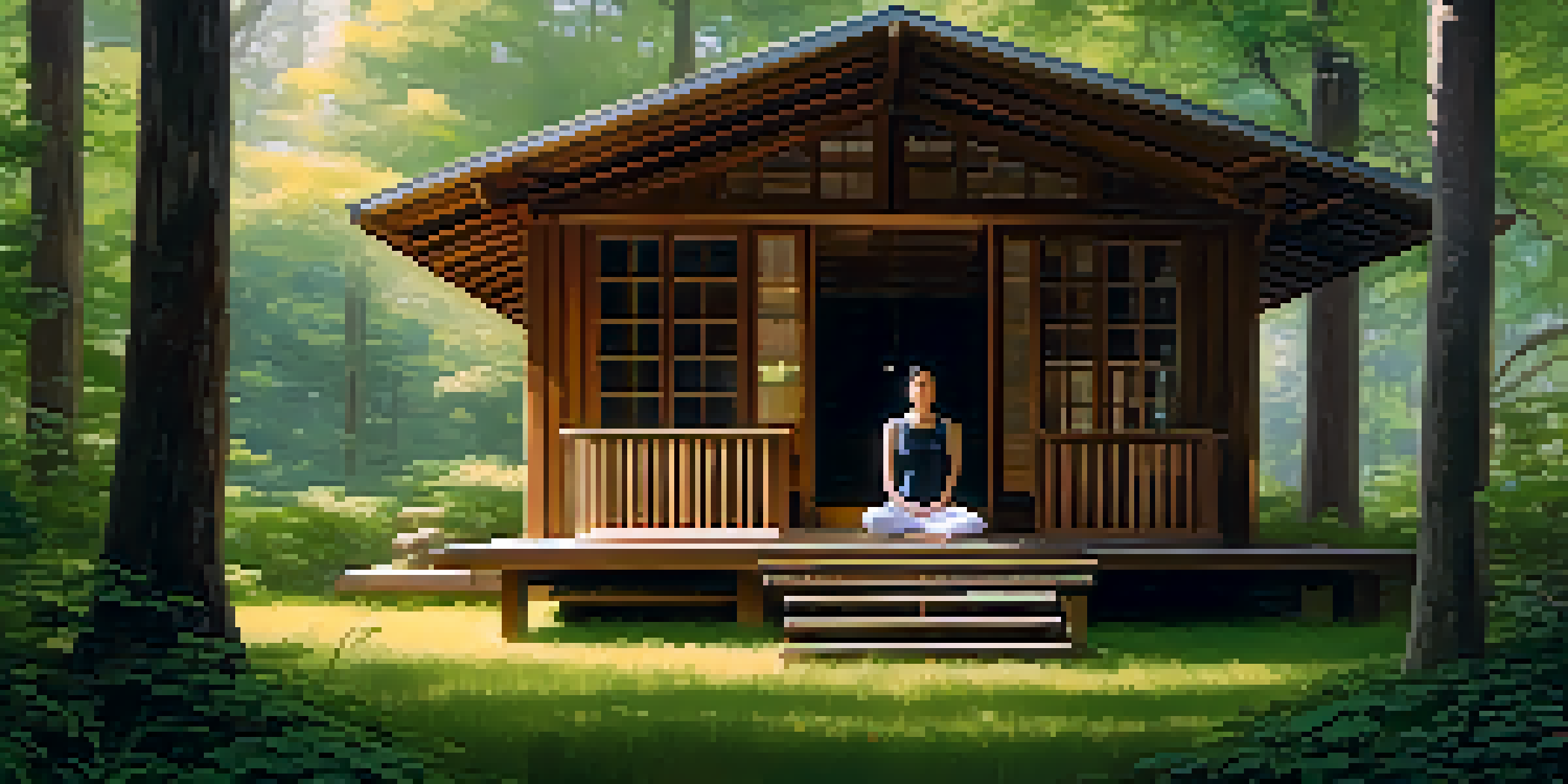 A tranquil forest meditation retreat with a person meditating in front of a wooden cabin, surrounded by tall trees and soft sunlight.
