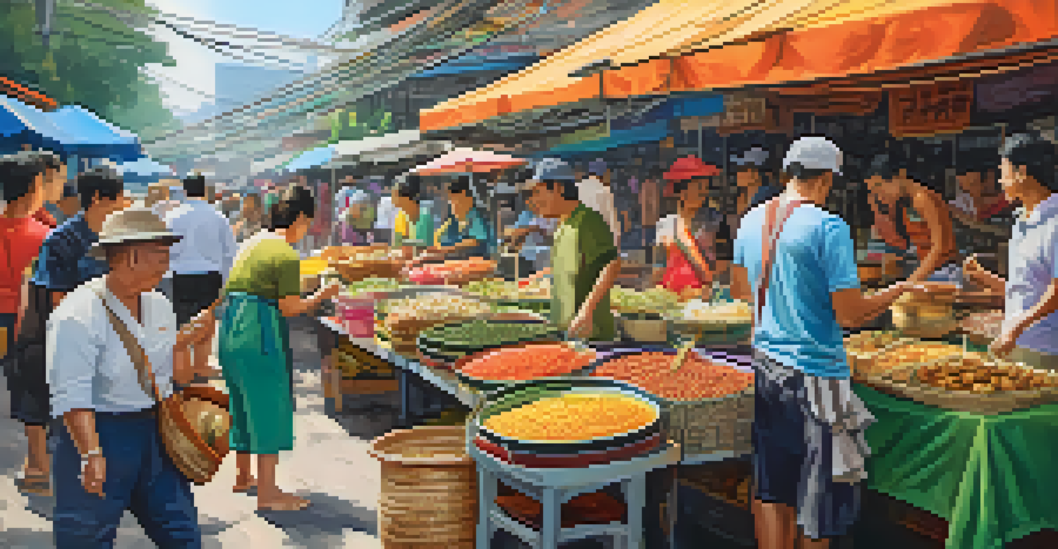 A vibrant Thai market scene with LGBTQ+ travelers sampling food and engaging with local vendors amidst colorful stalls.