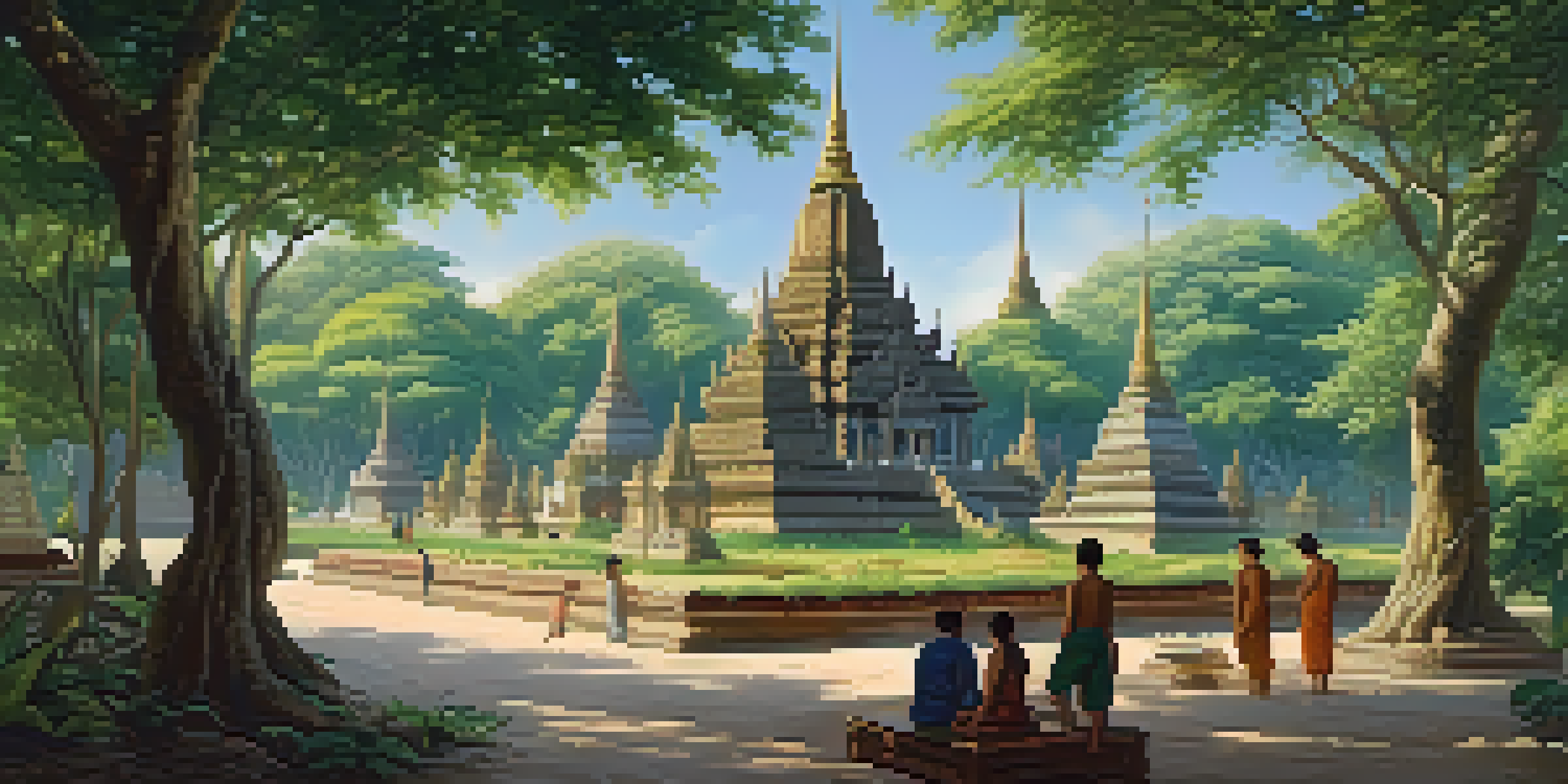 An ancient Thai temple surrounded by green trees with villagers engaged in traditional activities.