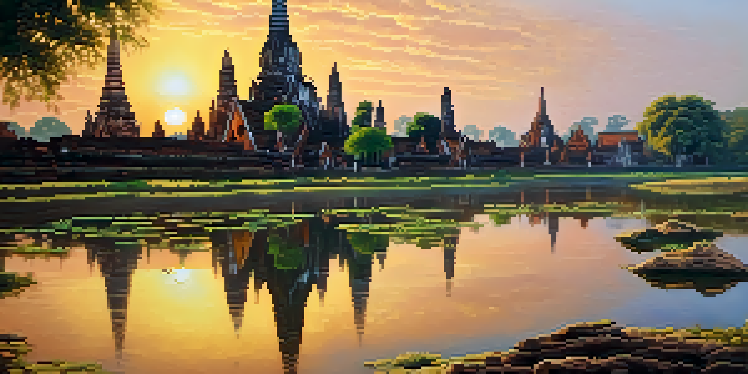 A beautiful sunrise over the ancient temple Wat Chaiwatthanaram in Ayutthaya, with golden light illuminating the ruins and lush greenery.