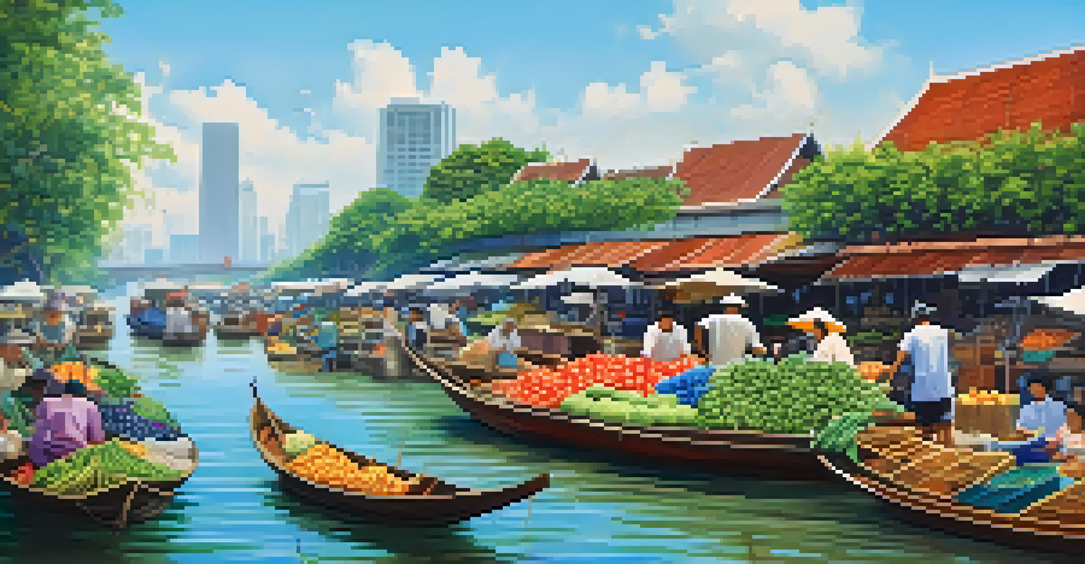 A floating market scene on a river with colorful boats selling fresh produce and crafts, with people shopping and enjoying the view.